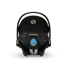 Black baby car seat with a logo on a white background