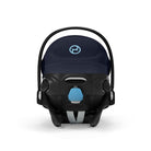Black and blue baby car seat with a visible brand logo on a white background