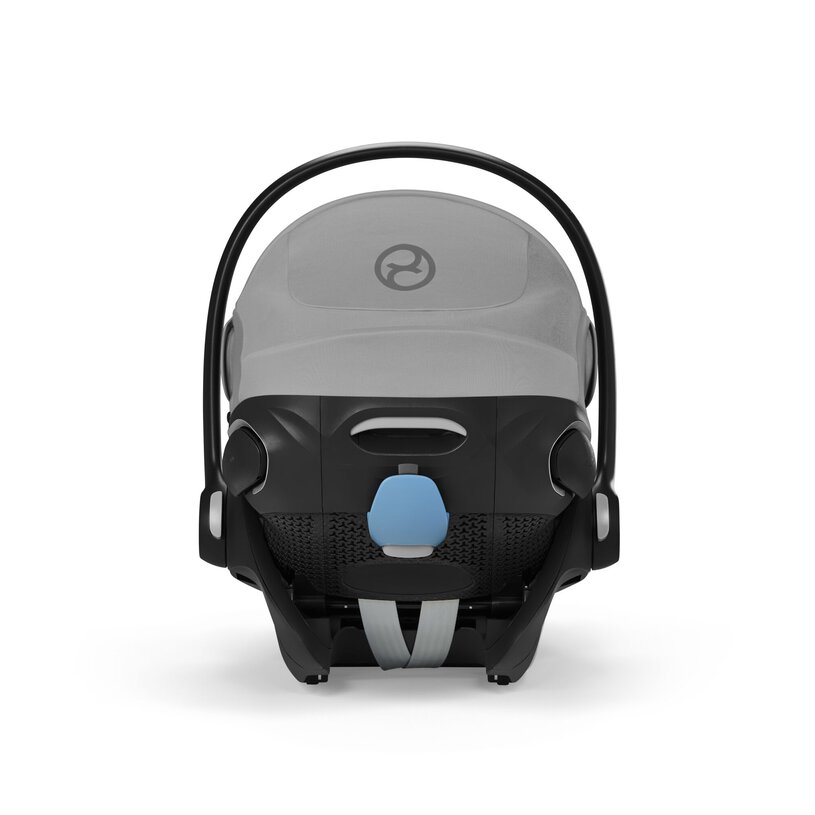 Baby car seat with gray canopy and black frame on a white background