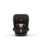 A dark brown baby car seat with a black base, featuring a central circular logo and a white safety harness, photographed on a clean white background.