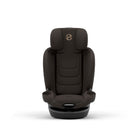 A dark brown baby car seat with a matching headrest and base, featuring a small gold logo on the headrest, shown against a plain white background.