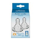 Dr. Brown's Anti-colic Nipple 2-pack in a light blue and blue retail box, showing two clear nipples with flow level 3 and narrow shape details.