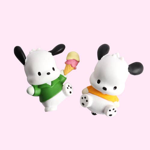 Two cartoon panda figures holding ice cream cones on a pink background