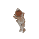 Stuffed toy baby doll in a brown outfit on a white background