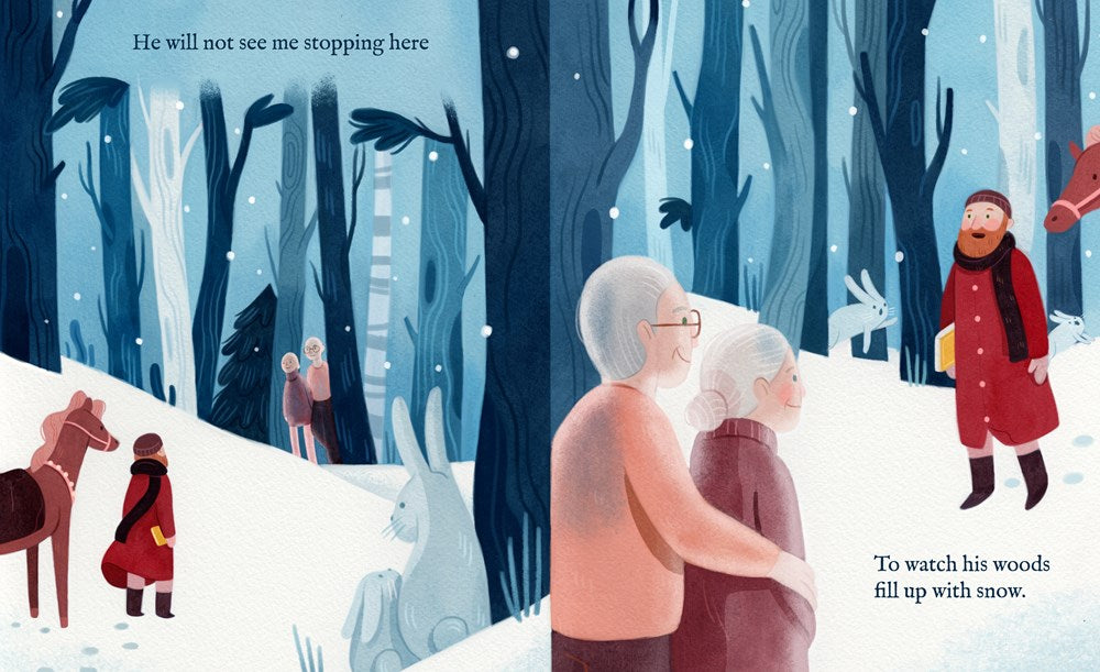 Illustration of an elderly couple walking through a snowy forest with deer and other animals.