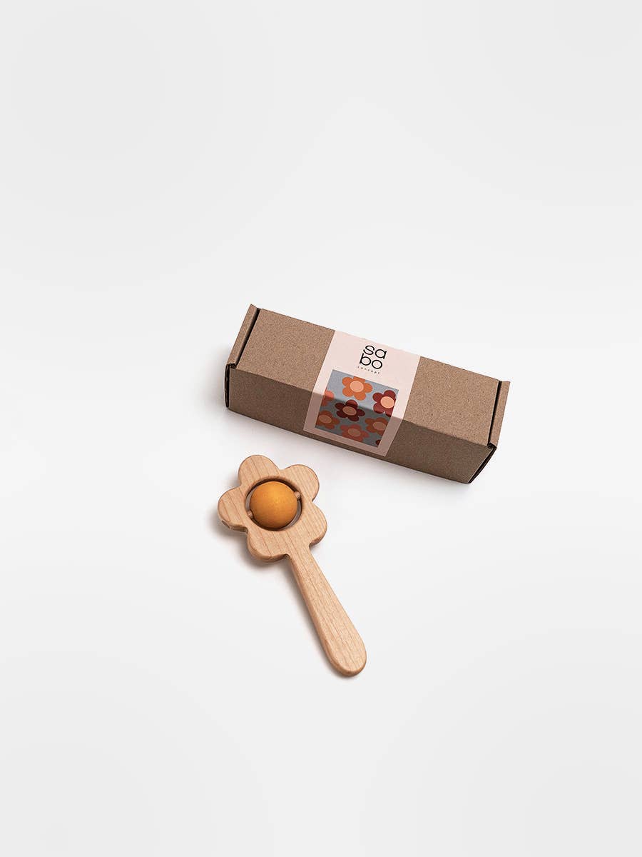 Wooden toy with a ball on a stick next to its packaging box on a white background