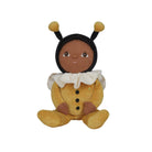 Plush toy bee with a child-like face on a white background