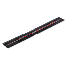 A long, narrow black metal guard rail with reflective red and white diagonal stripes along its center, shown diagonally on a plain white background.