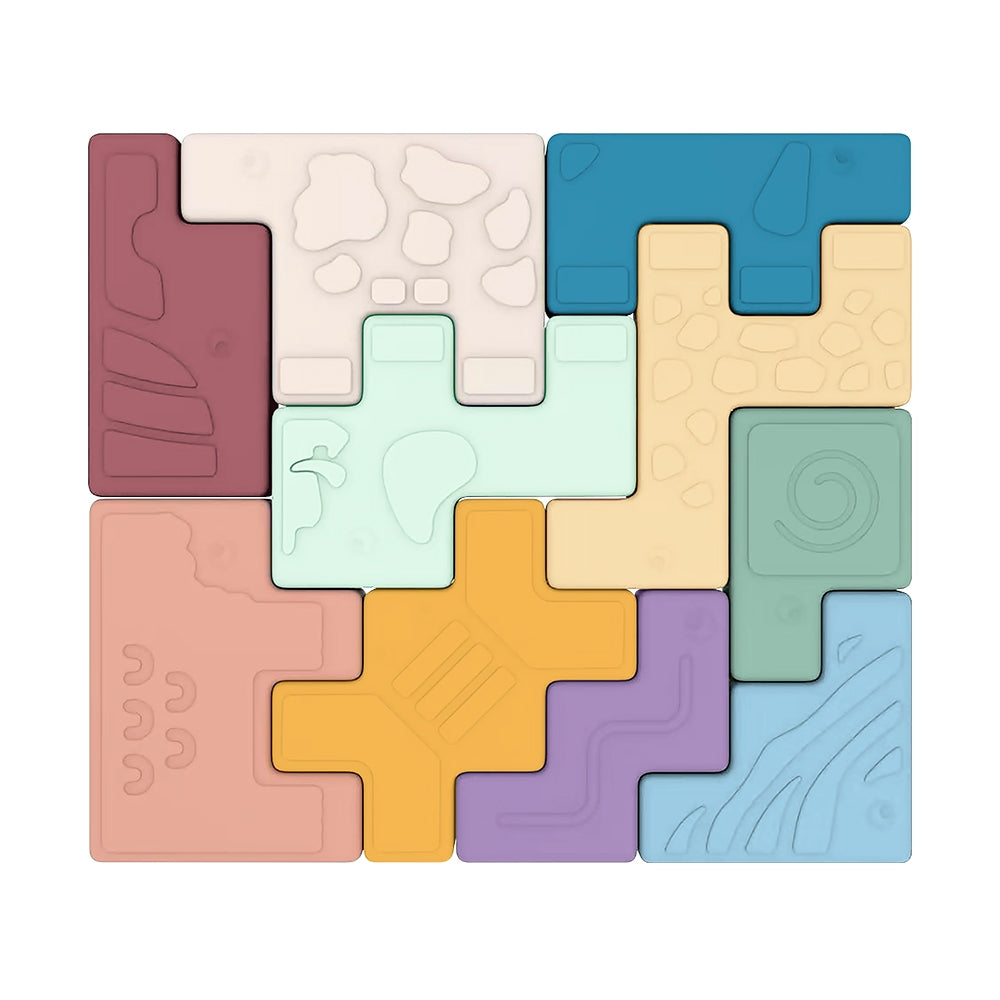 Colorful geometric puzzle pieces on a white background