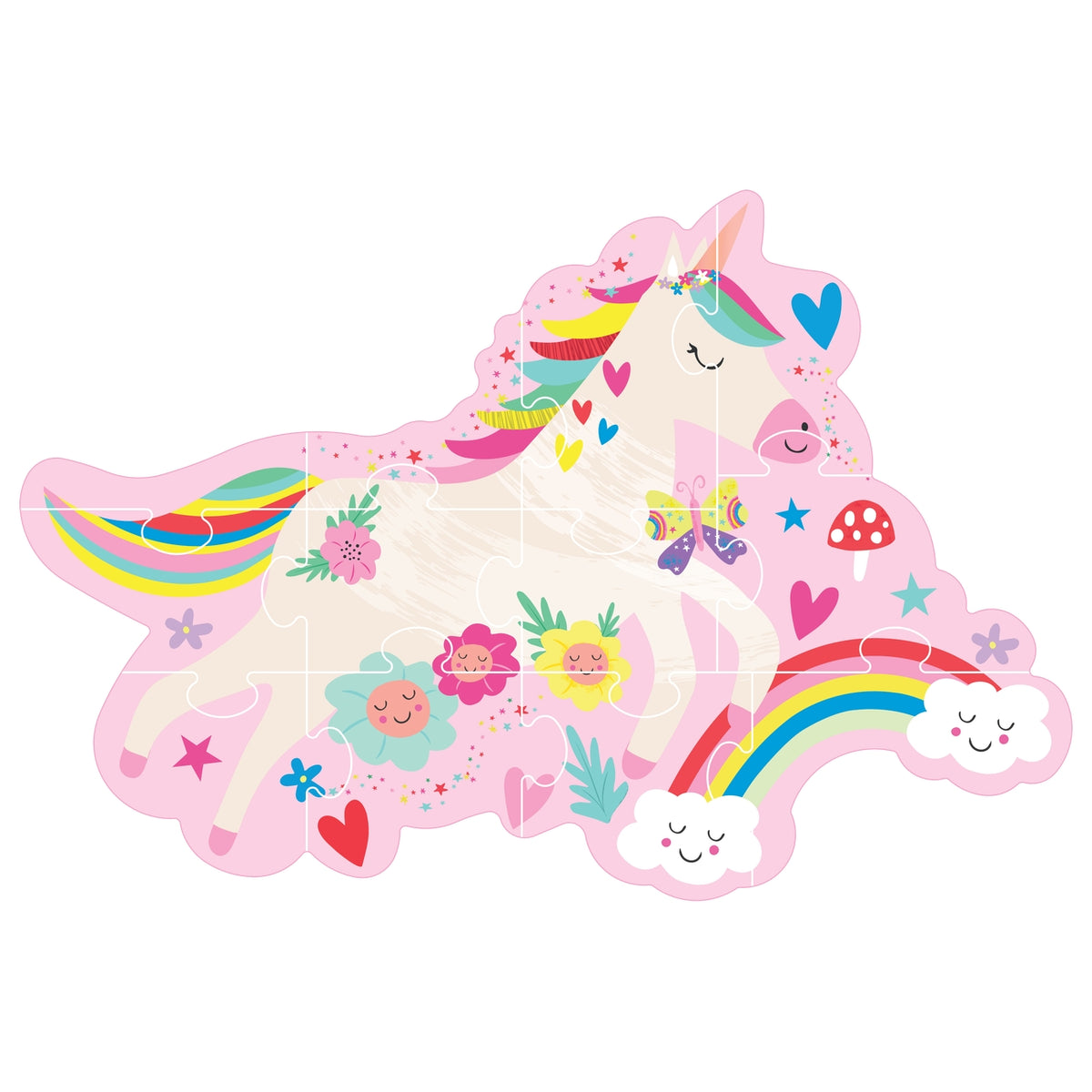 Colorful unicorn-shaped puzzle with rainbow and floral elements on a white background