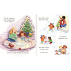 Illustrated book pages showing a family around a Christmas tree and children playing with toys.