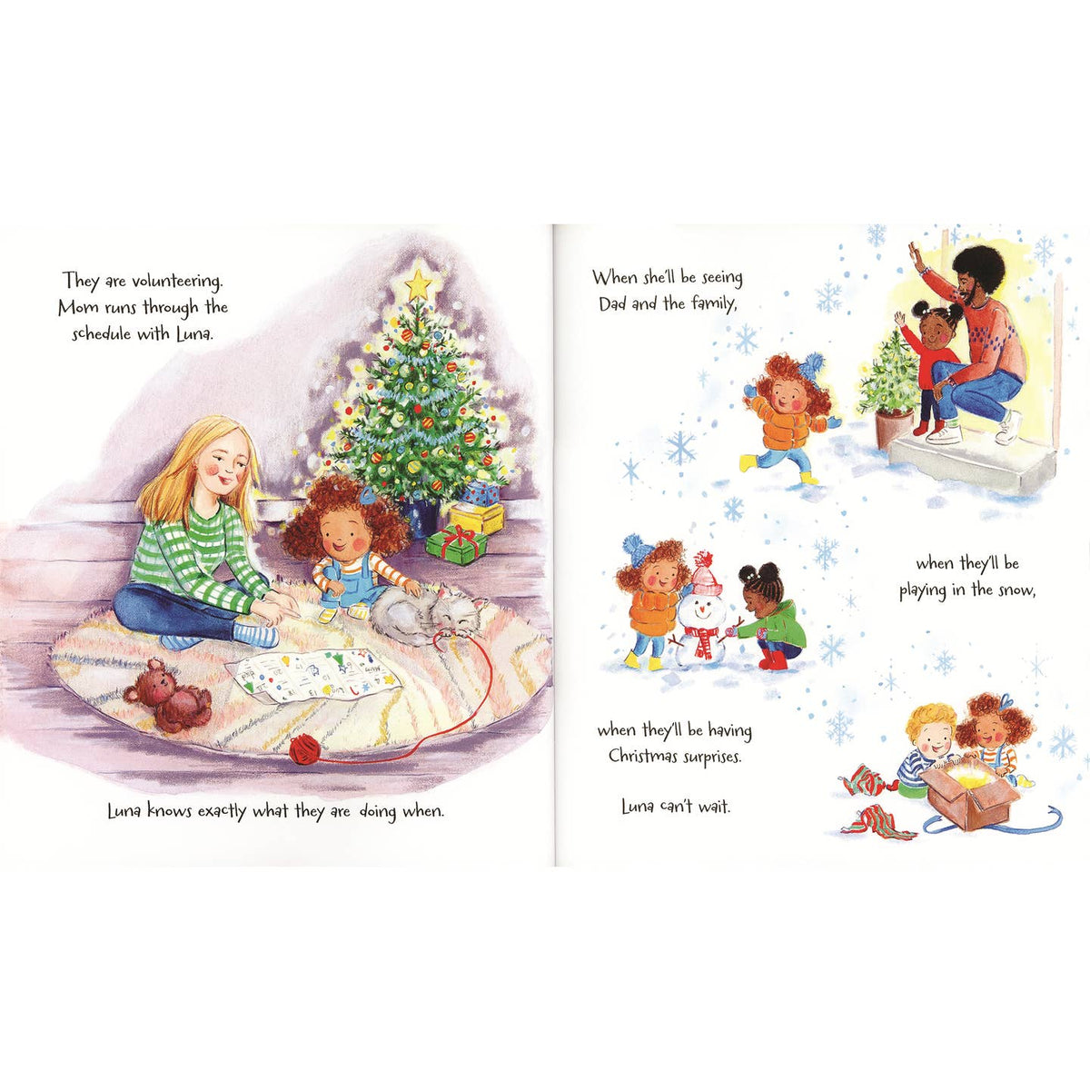 Illustrated book pages showing a family around a Christmas tree and children playing with toys.