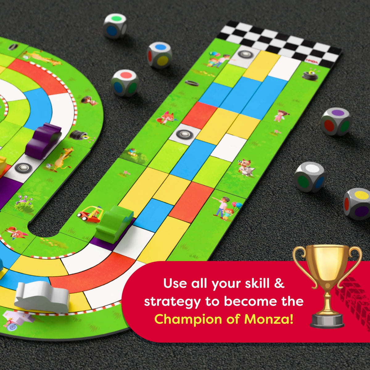 Colorful board game with dice and text 'Use all your skill & strategy to become the Champion of Monza!'