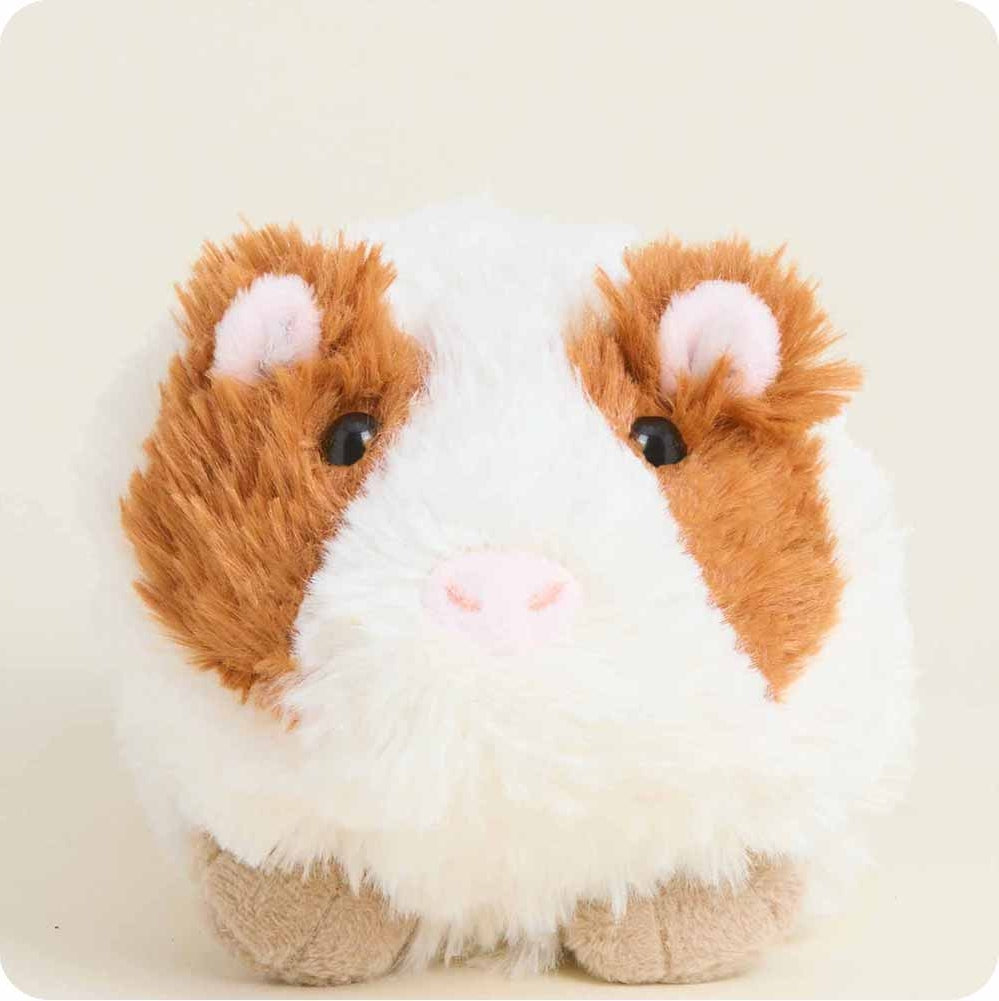 Plush toy guinea pig with brown and white fur on a beige background
