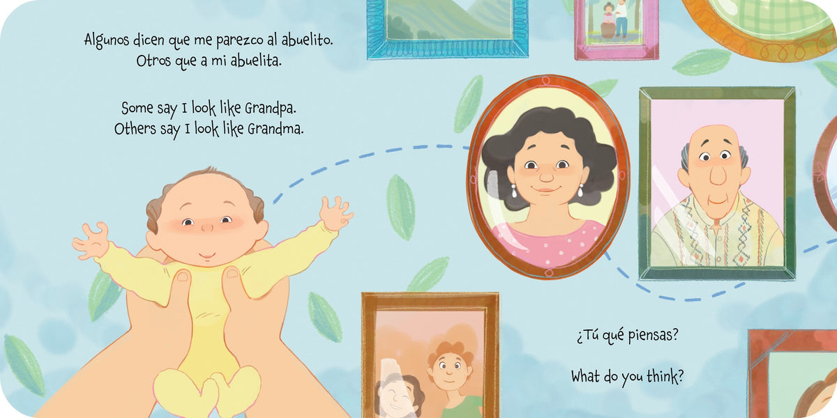 Children's book page with a baby, portraits of grandparents, and question text.