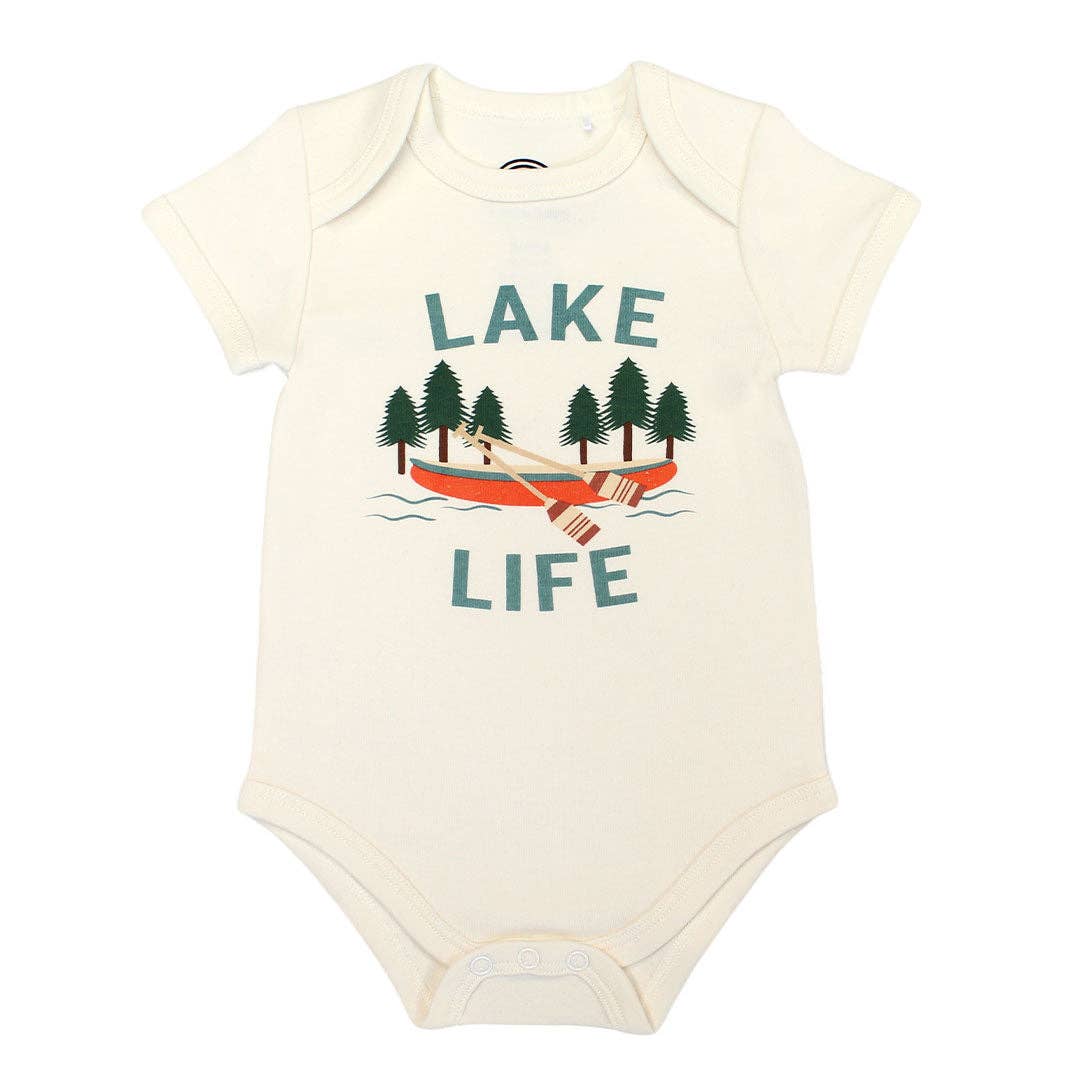 Baby onesie with 'Lake Life' design featuring a canoe and trees on a white background