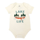 Baby onesie with 'Lake Life' design featuring a canoe and trees on a white background
