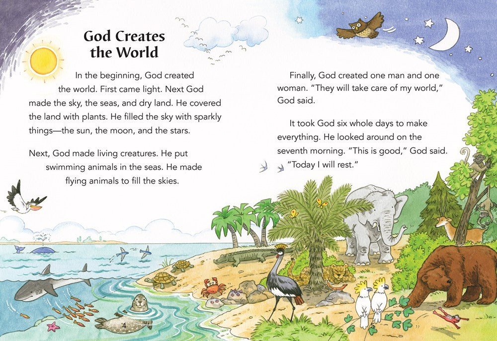 Children's book page with a creation story illustration and animals on a beach.