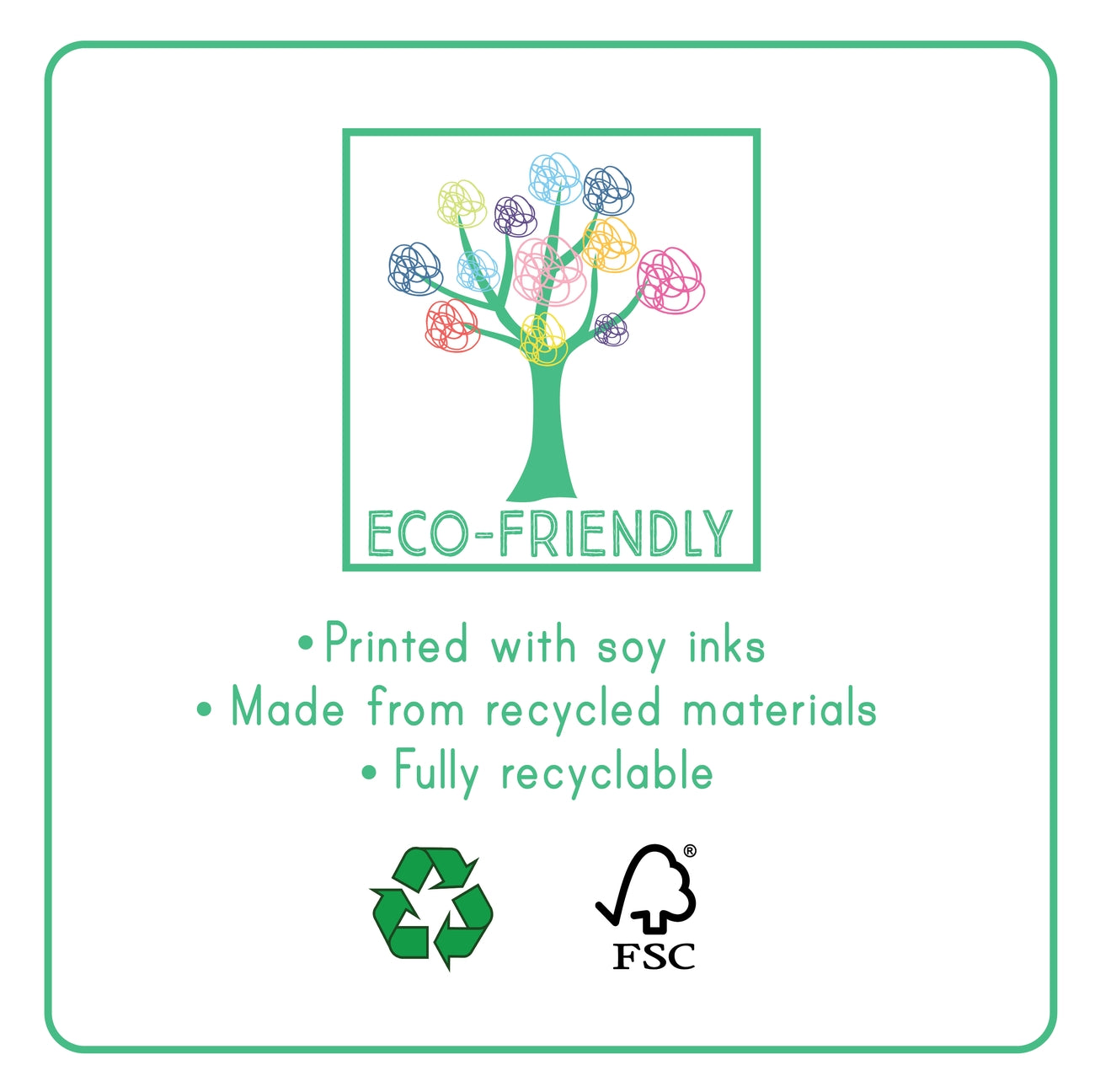 Eco-friendly product graphic with a green tree made of colorful yarn-like circles, the text 'ECO-FRIENDLY,' bullet points about soy ink, recycled materials, and recyclability, plus a recycling symbol and FSC logo on a white background with a green border.