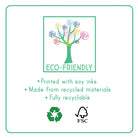 Eco-friendly product graphic with a green tree made of colorful yarn-like circles, the text 'ECO-FRIENDLY,' bullet points about soy ink, recycled materials, and recyclability, plus a recycling symbol and FSC logo on a white background with a green border.