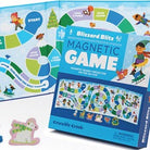 Blizzard Blitz Magnetic Game by Crocodile Creek, featuring a blue game box with colorful illustrated graphics and a matching game board in the background.