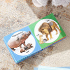 Children's book with animal illustrations on a sandy surface