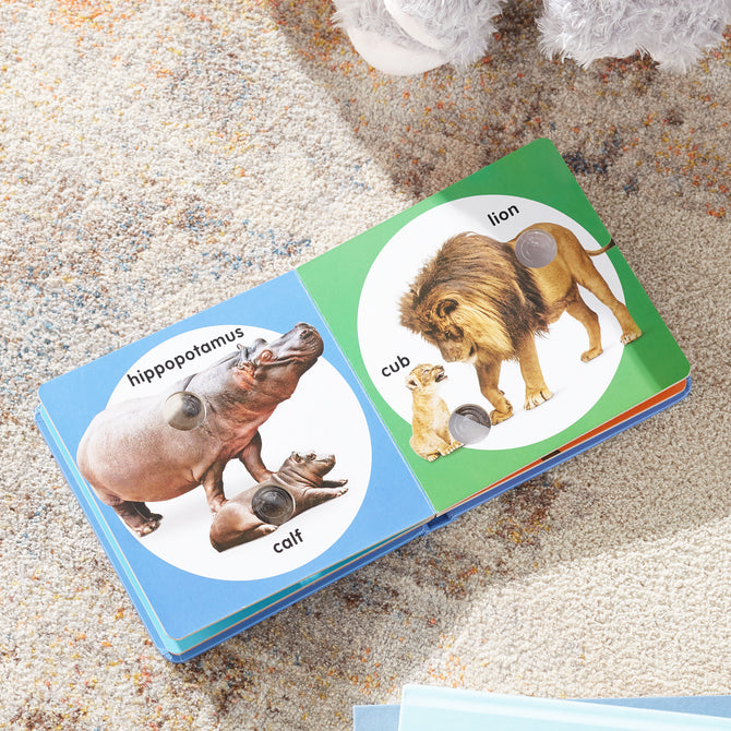 Children's book with animal illustrations on a sandy surface