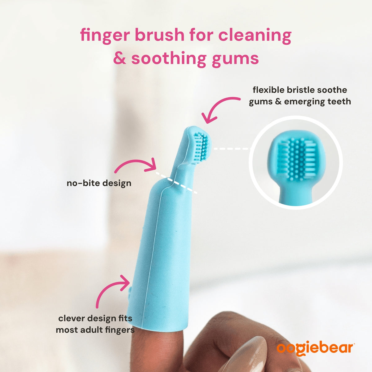 Blue finger brush for cleaning and soothing gums with text and oogiebear branding.