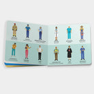 Booklet with illustrations of various professionals and their jobs on a light blue background