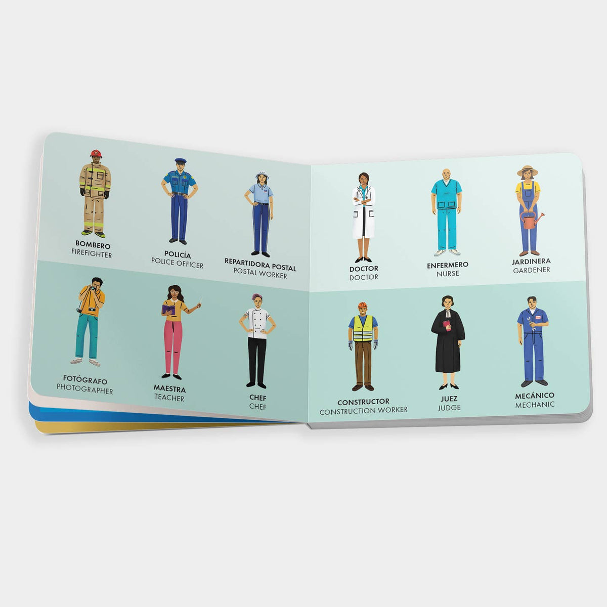 Booklet with illustrations of various professionals and their jobs on a light blue background