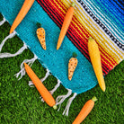 Carrots and a yellow squash on a colorful woven mat with grass background