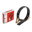 Model train track set with packaging on a white background