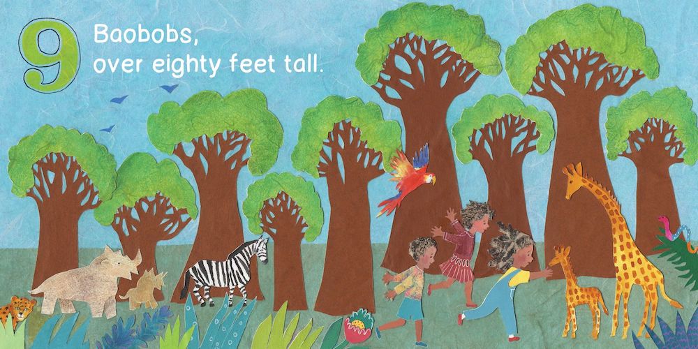 A colorful illustration from the book A Walk In The Forest showing a landscape with tall baobab trees, a rhinoceros, a zebra, a giraffe, children playing, and a parrot, accompanied by the text: "9 Baobabs, over eighty feet tall."