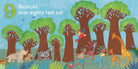 A colorful illustration from the book A Walk In The Forest showing a landscape with tall baobab trees, a rhinoceros, a zebra, a giraffe, children playing, and a parrot, accompanied by the text: "9 Baobabs, over eighty feet tall."