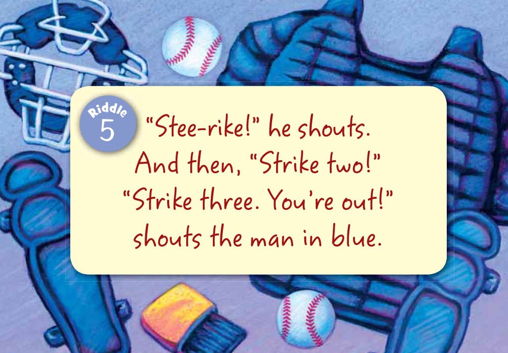 Baseball-themed riddle with blue uniforms and baseball equipment on a purple background