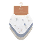 Set of baby bibs with sea-themed design on a Crane Baby branded card.