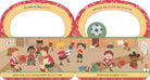 A colorful children's activity or lesson board featuring soccer-themed illustrations, large arch-shaped cutout areas, and cartoon children playing indoors with a soccer ball and jerseys.