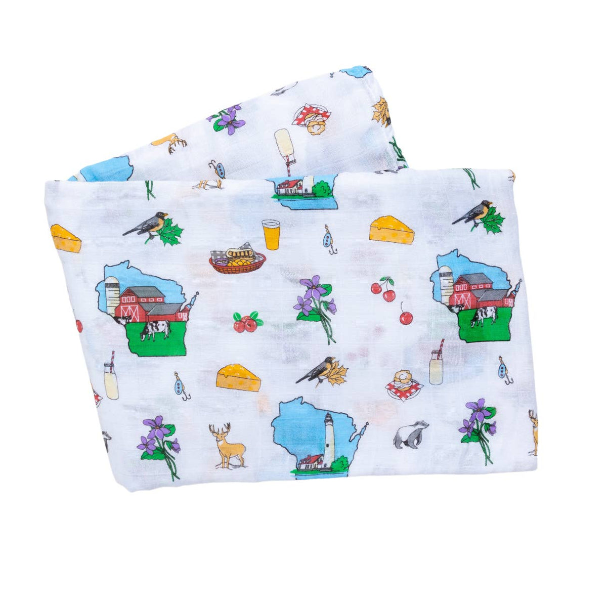 Fabric with colorful illustrations of Wisconsin landmarks and nature on a white background