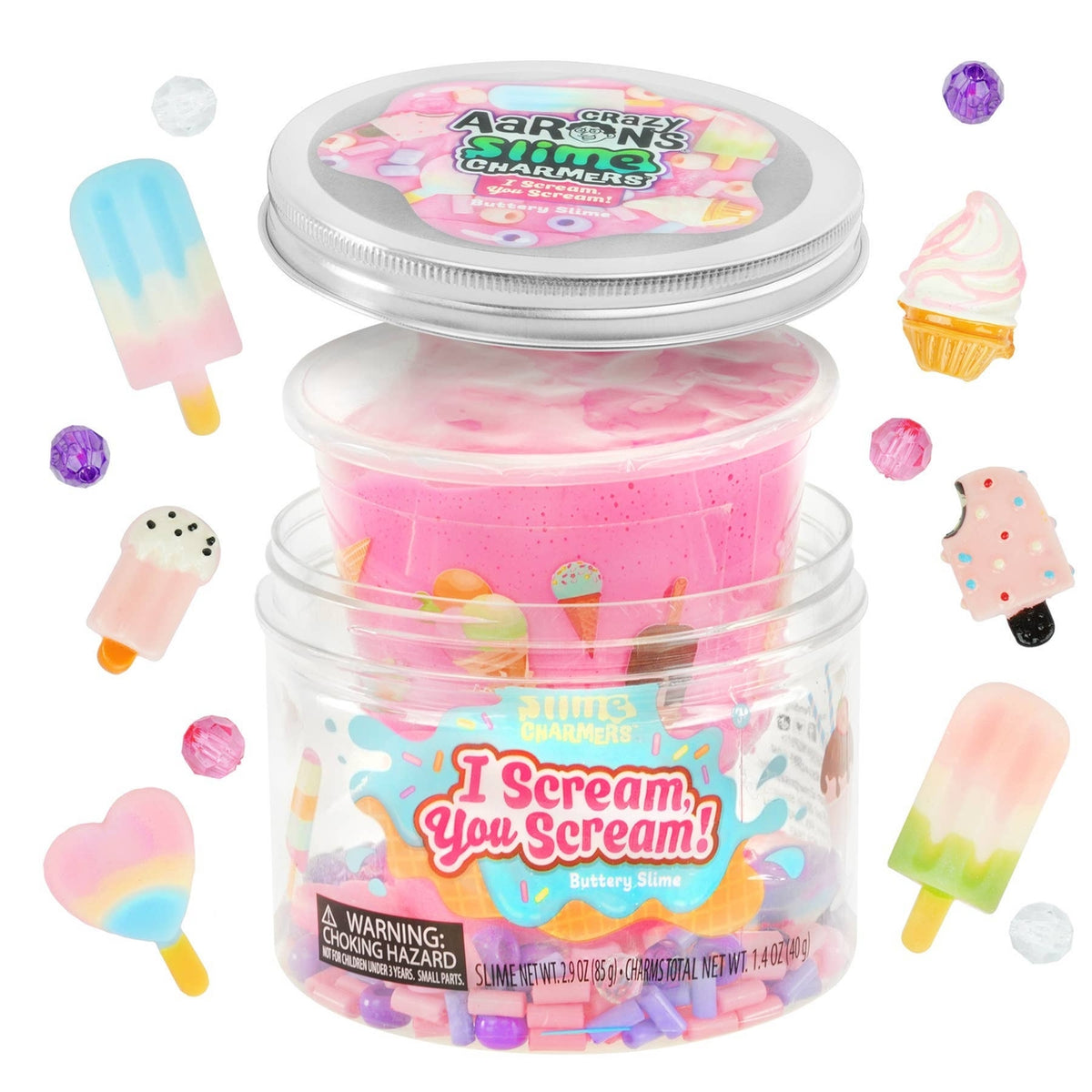 Jar of pink candy with colorful labels and small candy items on a white background