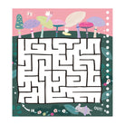 A children's forest-themed maze activity card with a white winding path over a dark green background, surrounded by illustrated mushrooms, flowers, leaves, a butterfly, and a small mouse at the bottom. The top section is pink with more whimsical forest elements.