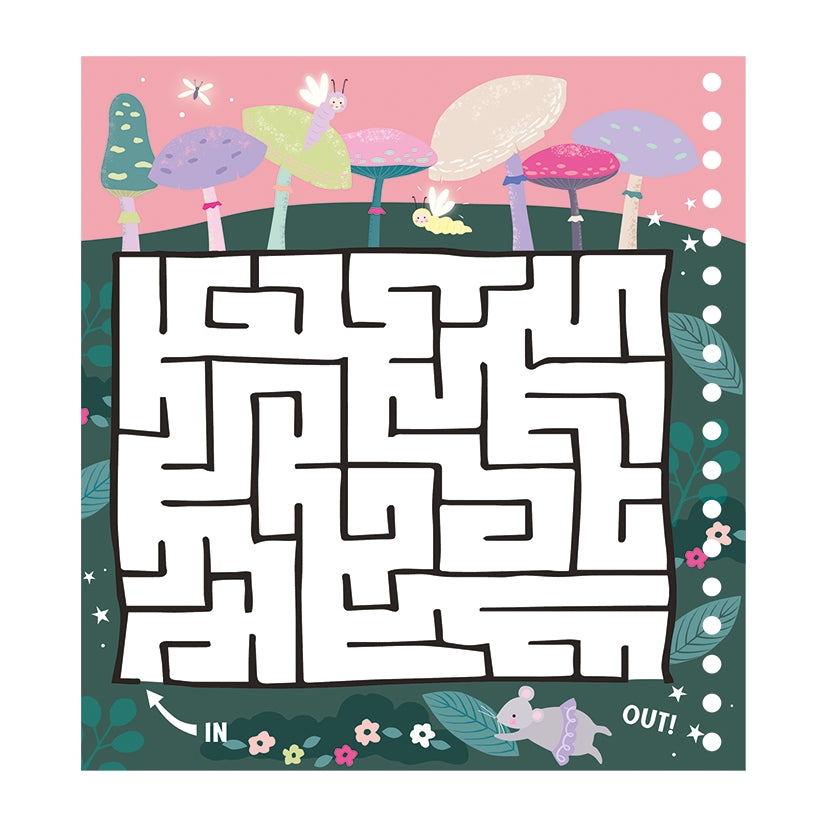 A children's forest-themed maze activity card with a white winding path over a dark green background, surrounded by illustrated mushrooms, flowers, leaves, a butterfly, and a small mouse at the bottom. The top section is pink with more whimsical forest elements.