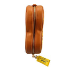 Brown leather round bag with gold zipper on a white background