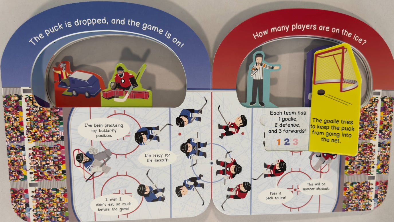 Educational children's book page about ice hockey with illustrations and text.