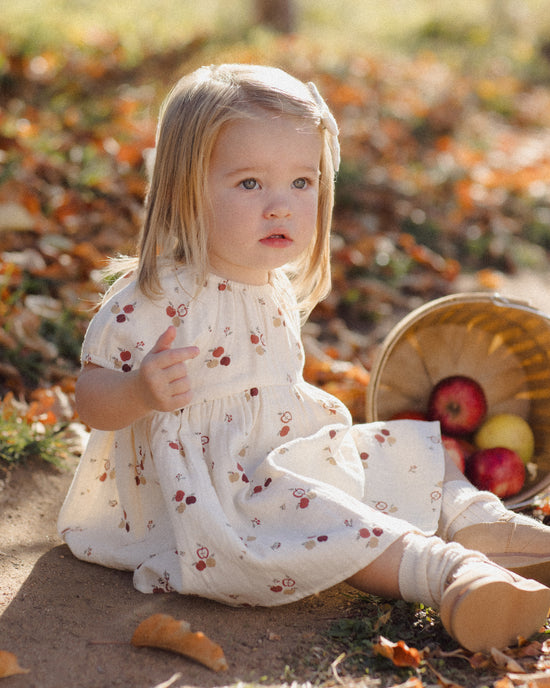 A young toddler girl with blonde hair sits on the ground outdoors among fallen leaves, wearing a cream-colored dress with a small red and brown floral pattern. A woven basket containing red and yellow apples sits next to her.