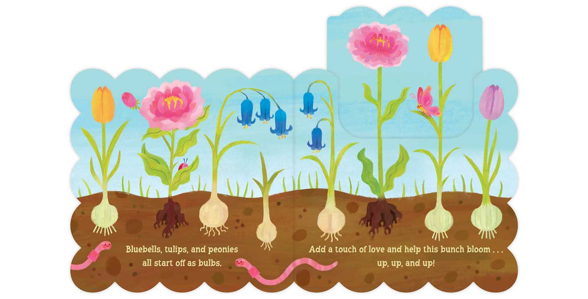 Illustration of flowers and worms in a garden with text