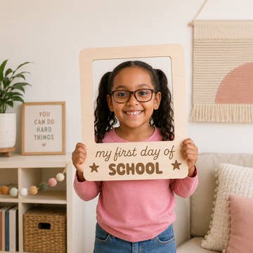 Young girl holding a 'my first day of school' sign in a home setting