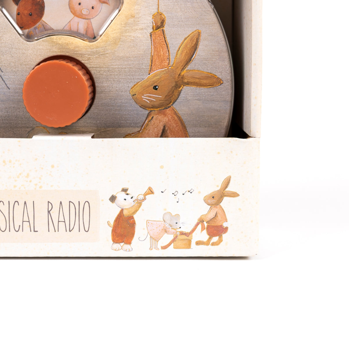 Children's toy radio with rabbit design on a white background