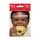 Boxed product for the Fred's Ciao DOWN teether, featuring a smiling baby holding the yellow silicone teether on the front of the packaging.