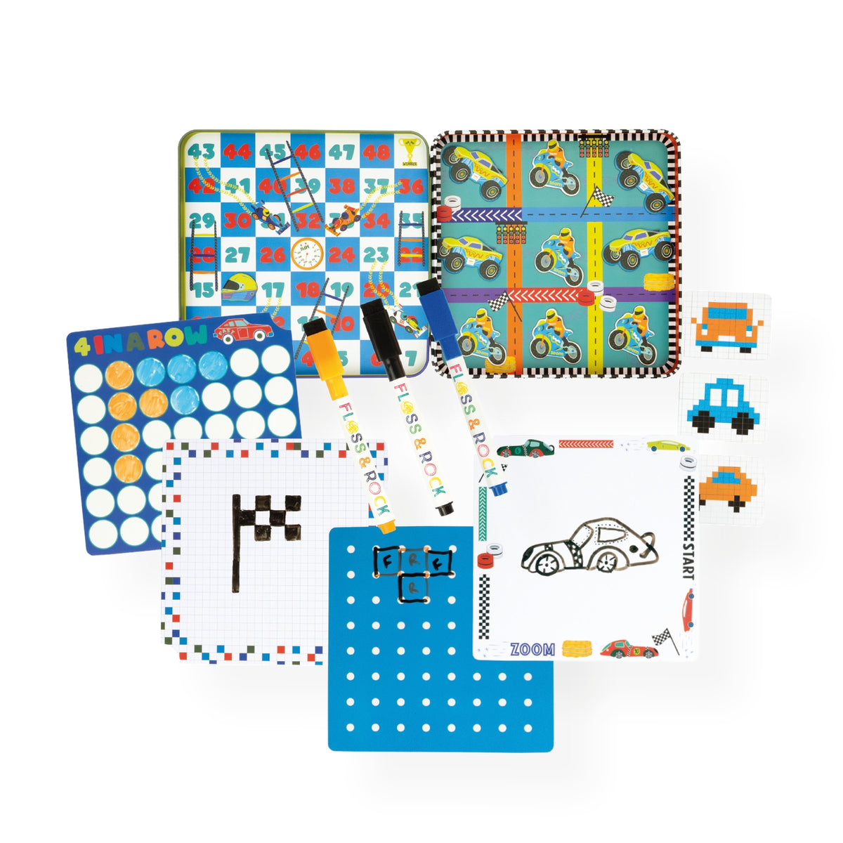 Set of children's play mats with vehicle-themed designs on a white background