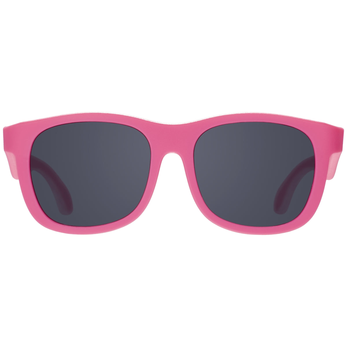 Pink sunglasses with dark lenses on a white background